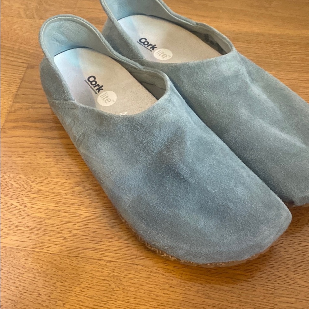 Cork Mules in Light Blue Suede